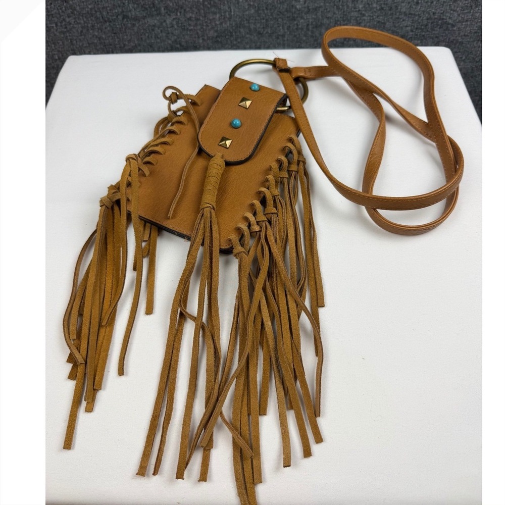 Mudd Tan Faux Leather Fringe Crossbody Phone Bag Turquoise Studded Boho Hippie